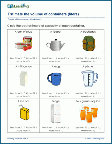 Grade 3 Measurement Worksheet on metric measures of capacity