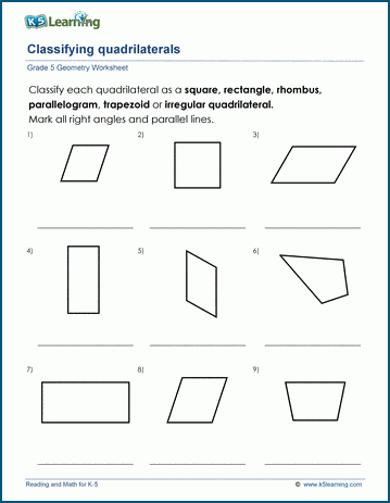 Grade 5 Geometry Worksheet classifying quadrilaterals